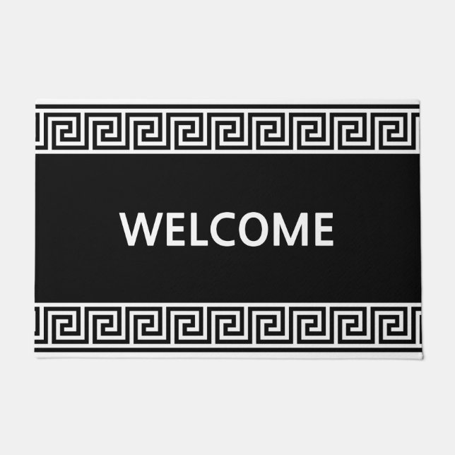 黒エレガントのギリシャのパターン ドアマット (正面)