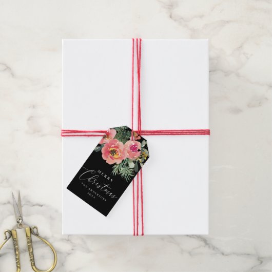 黒エレガントのクリスマス | ムーディフローラホリデイ ギフトタグ (より糸付き)