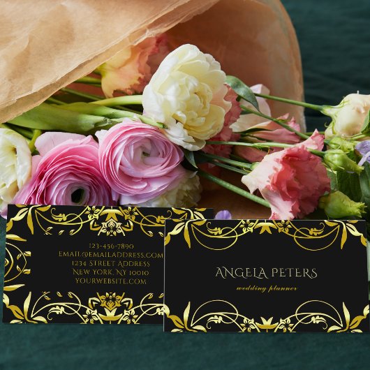 黒エレガントのシックファンシー金ゴールド華美フレーム 名刺