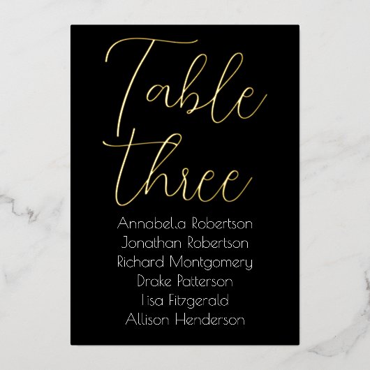 黒エレガントのテーブル番号結婚の金箔 箔招待状 (正面)