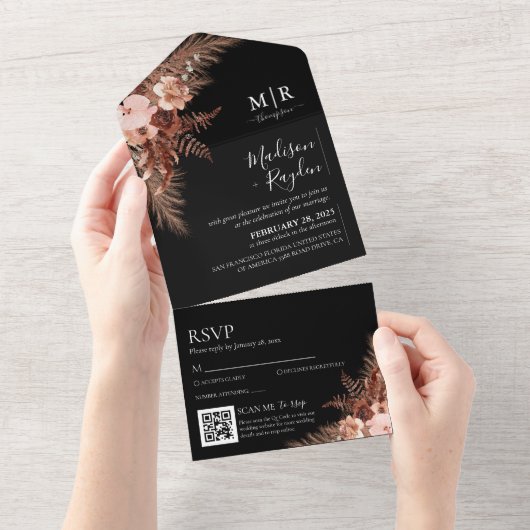 黒エレガントのパ素朴パスQRコー結婚ド オールインワン招待状 (貼ってはがせる)