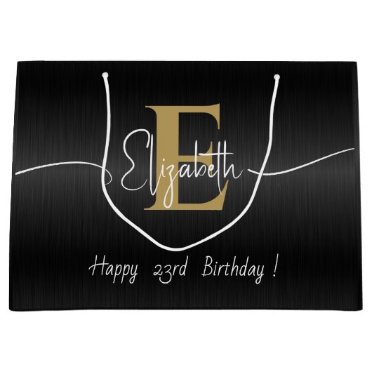 黒エレガントのモダン金ゴールドモノグラムのスクリプト名 ラージペーパーバッグ (正面)