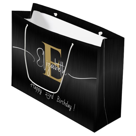 黒エレガントのモダン金ゴールドモノグラムのスクリプト名 ラージペーパーバッグ (正面アングル)