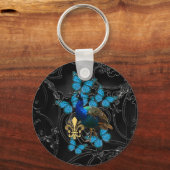 黒エレガントの孔雀と青の蝶 キーホルダー (正面)