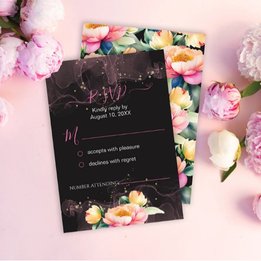 黒エレガントの牡丹の水色 | 結婚s 出欠カード