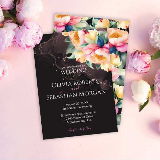 黒エレガントの牡丹の水色 | 結婚s 招待状