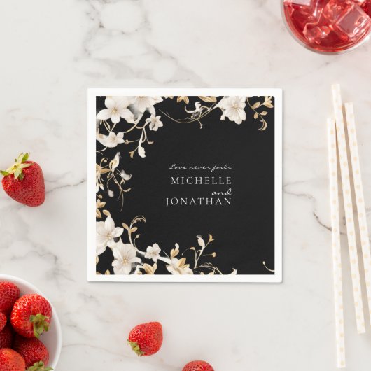 黒エレガントの聖句に結婚白いフローラ スタンダードカクテルナプキン (インサイチュ)