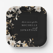 黒エレガントの聖句に結婚白いフローラ ペーパープレート (正面)
