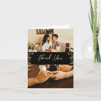 黒エレガントの金ゴールドアールデコ、2枚の結婚写真 サンキューカード