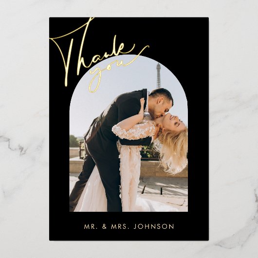 黒エレガントのArchスクリプ結婚トのサンキューカード 箔招待状 (正面)