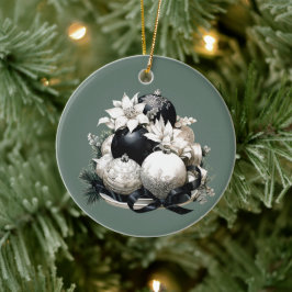 黒エレガントアイボリーセージ緑のクリスマス装飾 セラミックオーナメント
