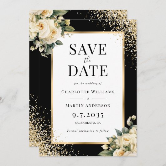 黒エレガントアイボリー金ゴールド紙吹雪フローラ結婚の セーブザデート (正面/裏面)