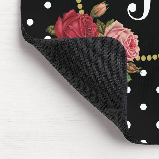 黒エレガントアンティークフローラ水玉模様モノグラム マウスパッド (コーナー)