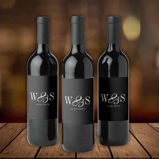 黒エレガントイニシャル結婚カップル ワインラベル