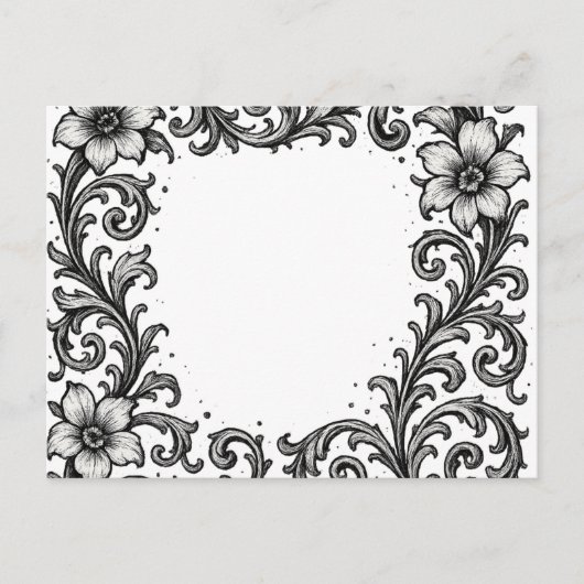 黒エレガントインクフローラ縁どデザイン ポストカード (正面)