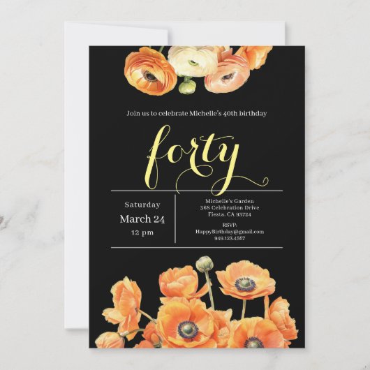 黒エレガントオレンジフローラ40歳の誕生日パーティー 招待状 (正面)