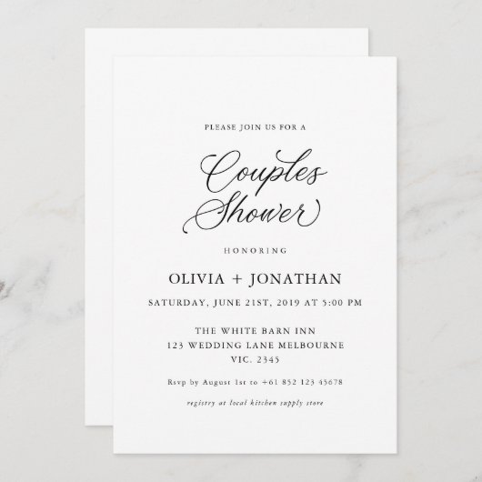 黒エレガントカップルモダンシャワー書道 招待状 (正面/裏面)