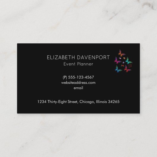 黒エレガントカラフルに蝶のパターン 名刺 (裏面)