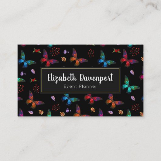 黒エレガントカラフルに蝶のパターン 名刺 (正面)