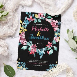 黒エレガントカラフル水色フローラ結婚 招待状