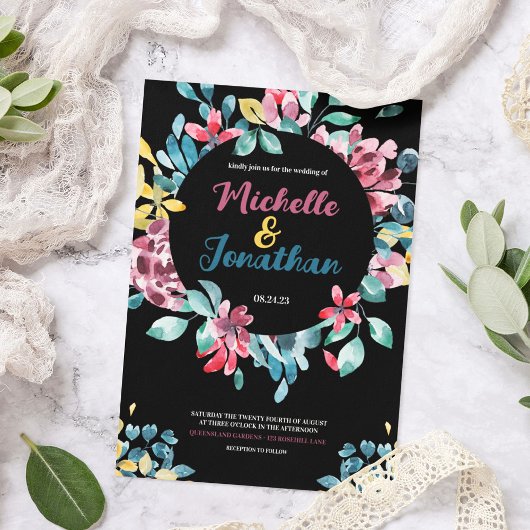 黒エレガントカラフル水色フローラ結婚 招待状