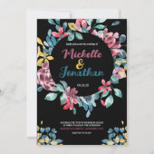 黒エレガントカラフル水色フローラ結婚 招待状 (正面)