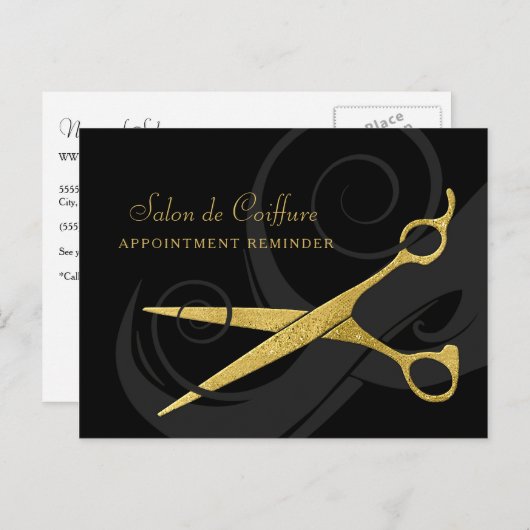 黒エレガントカールフェイク金ゴールドはさみアポイントメント ポストカード (正面/裏面)