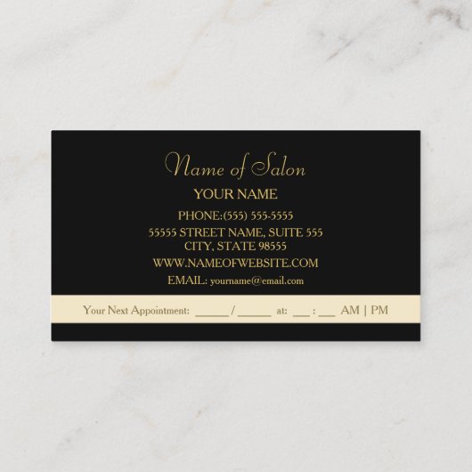 黒エレガントカールフェイク金ゴールドはさみヘアサロン 予約カード (裏面)