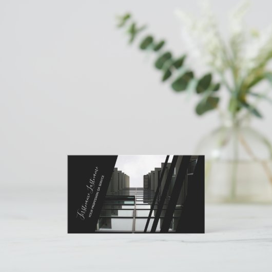 黒エレガントガラスストライプファサード建物 名刺 (スタンド正面)