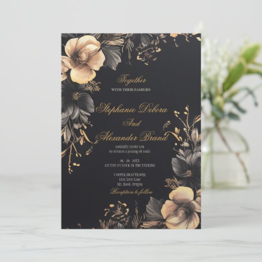 黒エレガントクラシック色ゴシックフローラ結婚ズ 招待状 (スタンド正面)