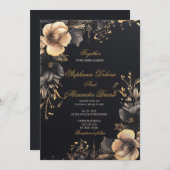 黒エレガントクラシック色ゴシックフローラ結婚ズ 招待状 (正面/裏面)