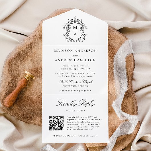 黒エレガントクレストChinoiserieモノグラム結婚ズ オールインワン招待状