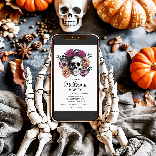 黒エレガントゴシックフローラスカルハロウィーン 招待状