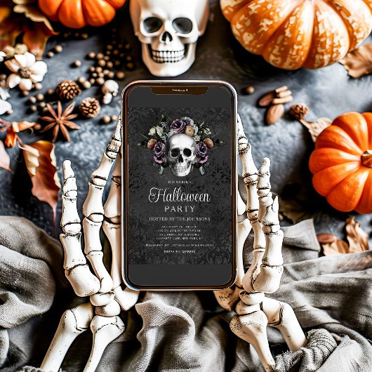 黒エレガントゴシックフローラスカルハロウィーン 招待状