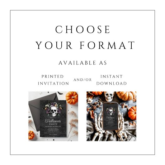 黒エレガントゴシックフローラスカルハロウィーン 招待状