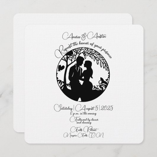 黒エレガントシルエットブライダルカップル 招待状 (正面/裏面)