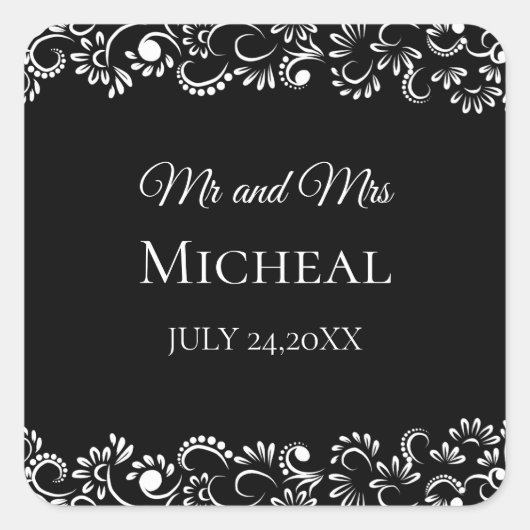 黒エレガントシンプル白フローラ結婚 スクエアシール (正面)
