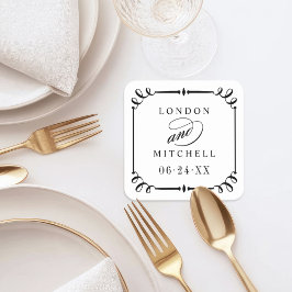 黒エレガントスクロール枠カスタムウェディングモノグラム スクエアペーパーコースター