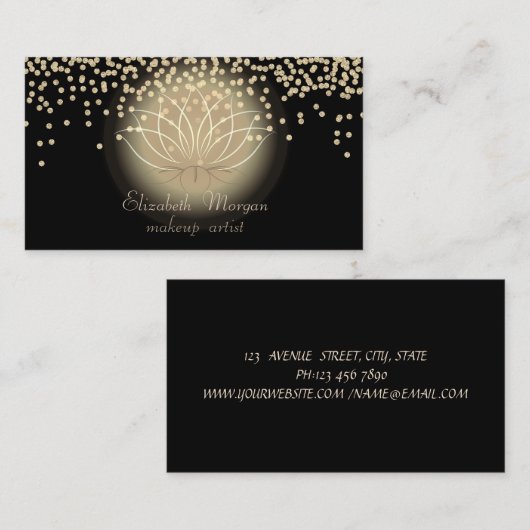 黒エレガントスタイリッシュ光沢ダイヤモンドロータス 名刺 (正面/裏面)
