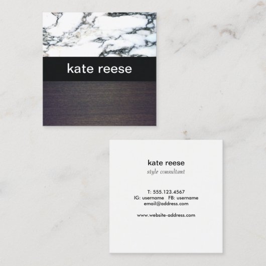 黒エレガントスタイリッシュ白の大理石材 スクエア名刺 (正面/裏面)