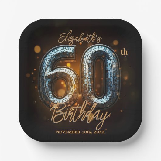 黒エレガントスタイリッシュ金ゴールドモザイク60誕生日 ペーパープレート (正面)