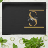 黒エレガントスタイリッシュ金ゴールドモノグラムスクリプト名 キッチンタオル (折り畳み)