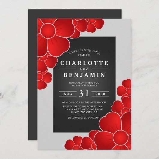 黒エレガントスライバーと赤フローラ結婚ズ 招待状 (正面/裏面)