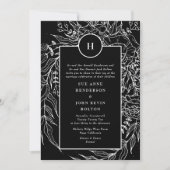 黒エレガントタキシードブライトホワイトモノグラムリース 招待状 (正面)