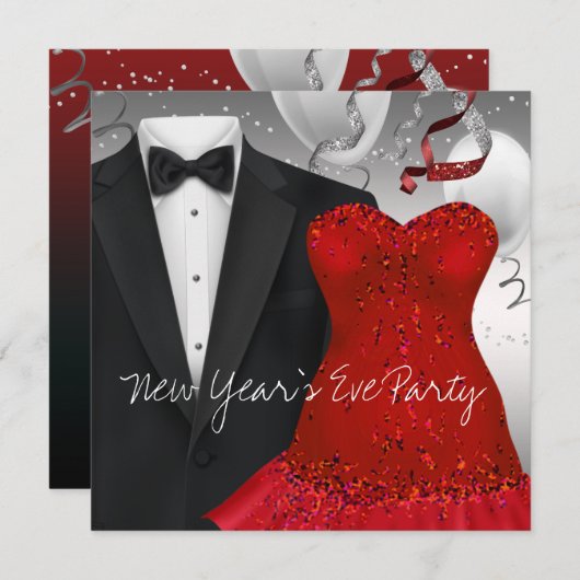 黒エレガントタキシードレッドドレスパーティー 招待状 (正面/裏面)