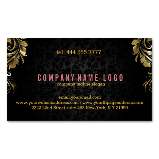 黒エレガントダマスクと金ゴールドフローラレース5 マグネット名刺 (正面)