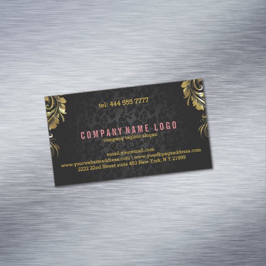 黒エレガントダマスクと金ゴールドフローラレース5 マグネット名刺 (インサイチュ)