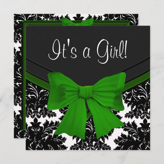 黒エレガントダマスクエメラルドグリーンベイビーシャワー 招待状 (正面/裏面)
