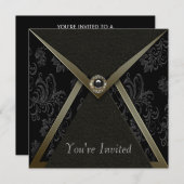 黒エレガントダマスクブラックと金ゴールドパーティー 招待状 (正面/裏面)