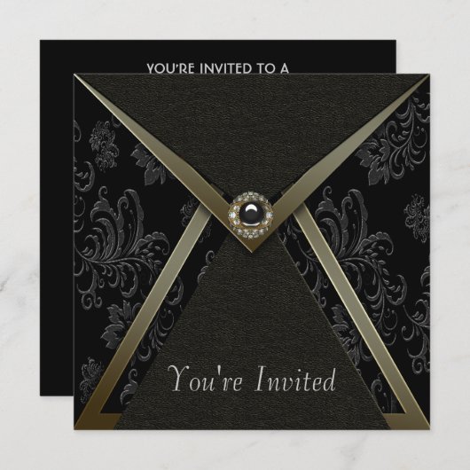 黒エレガントダマスクブラックと金ゴールドパーティー 招待状 (正面/裏面)